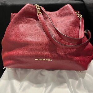 Michael Kors Jet Set Large Chain Tote Deep Red Pebbled Leather Gold Hardware Bag